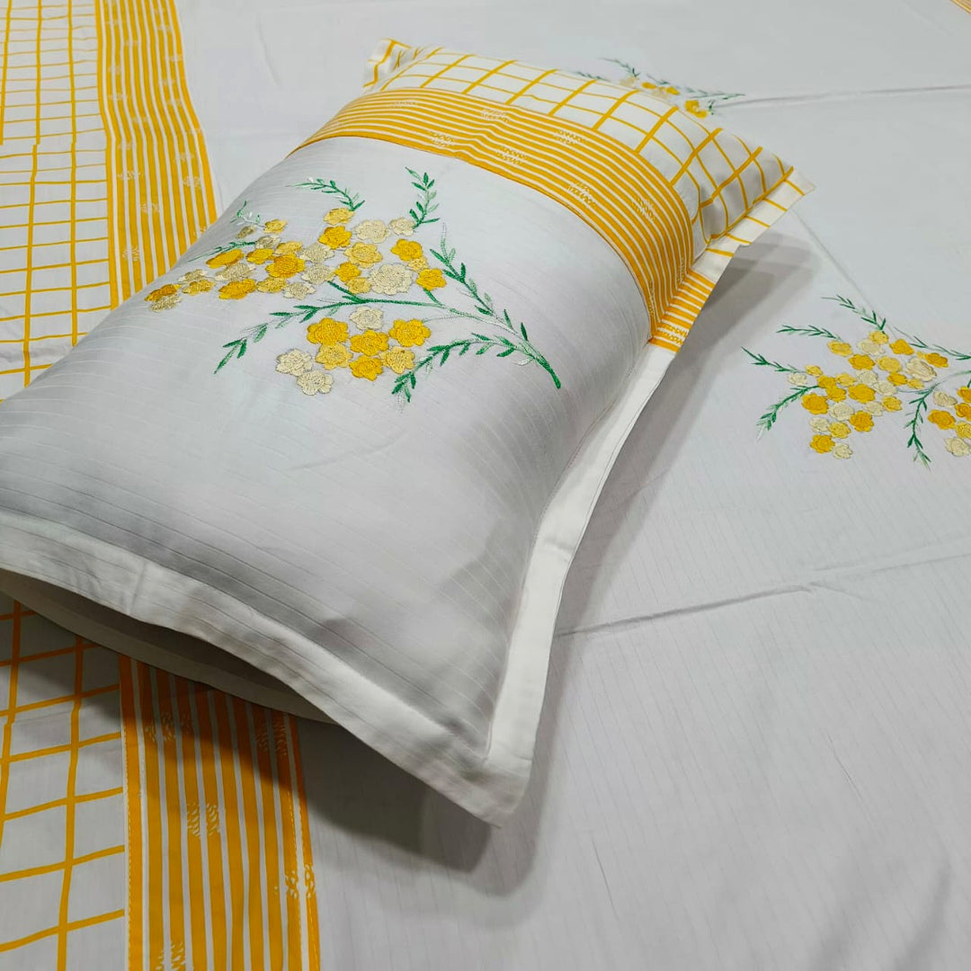 Shahi Karigari Premium Pure Cotton Designer King-Size White & Yellow Floral Embroidered Bedsheet