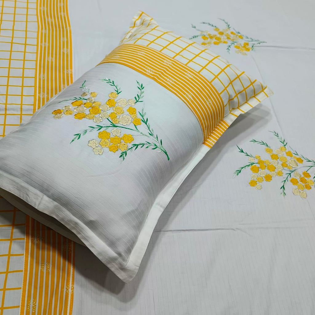 Shahi Karigari Premium Pure Cotton Designer King-Size White & Yellow Floral Embroidered Bedsheet