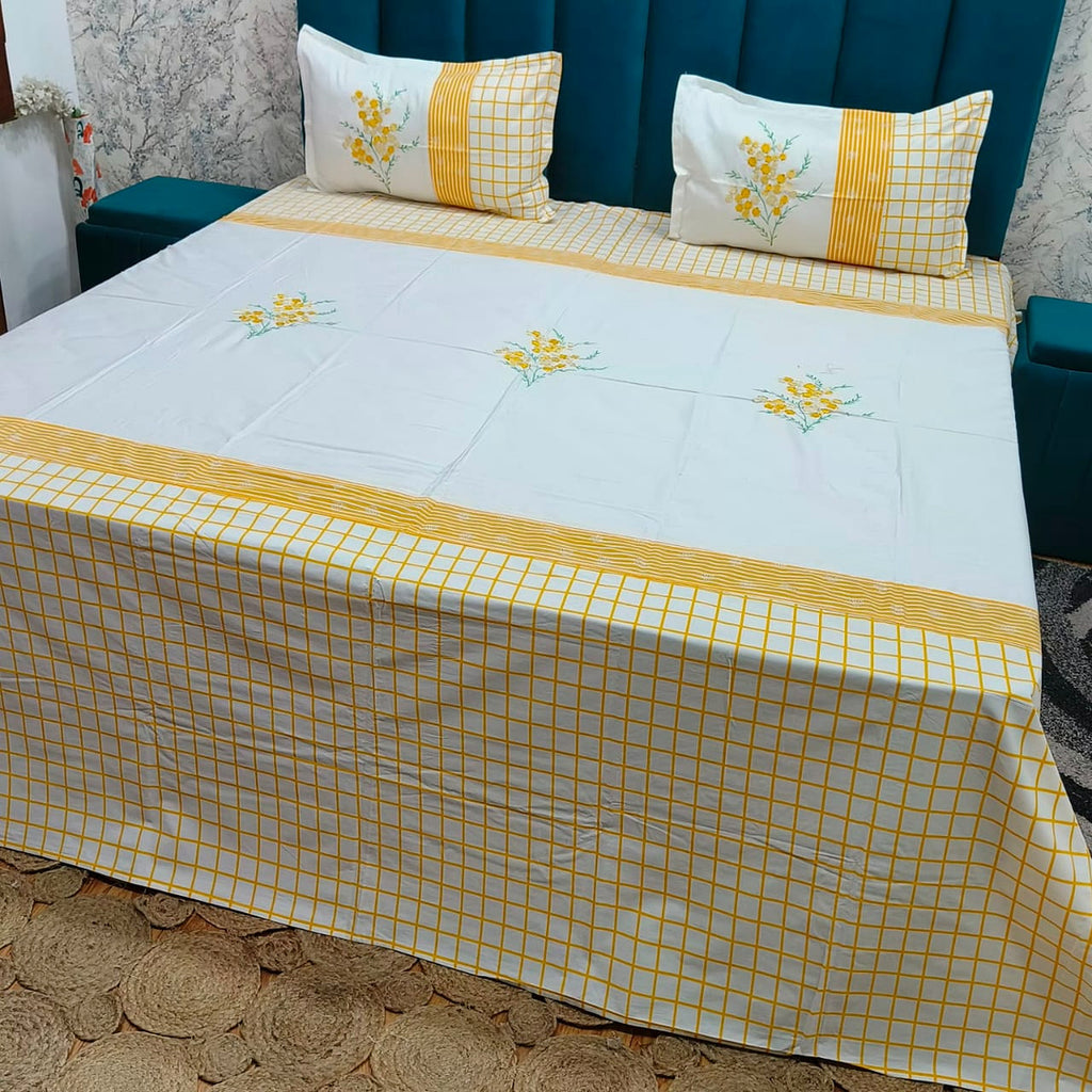 Shahi Karigari Premium Pure Cotton Designer King-Size White & Yellow Floral Embroidered Bedsheet