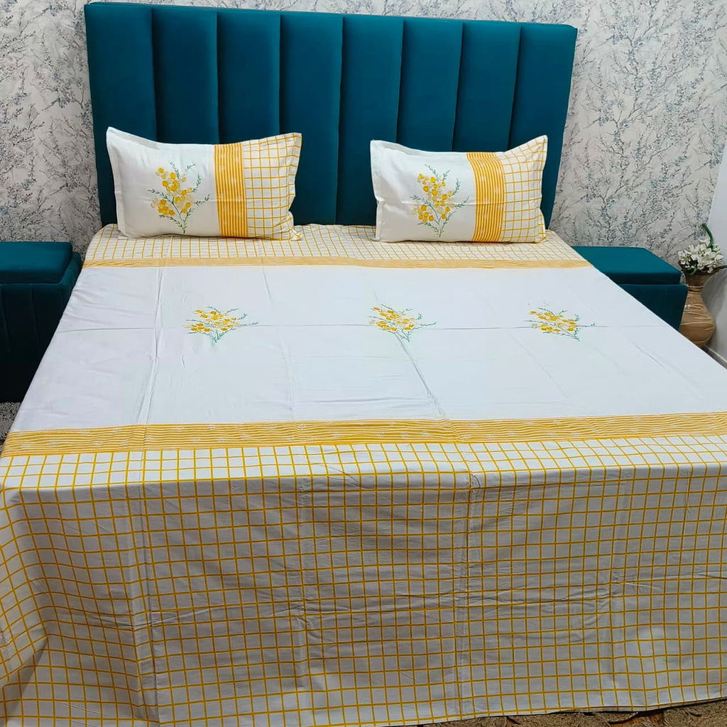 Shahi Karigari Premium Pure Cotton Designer King-Size White & Yellow Floral Embroidered Bedsheet