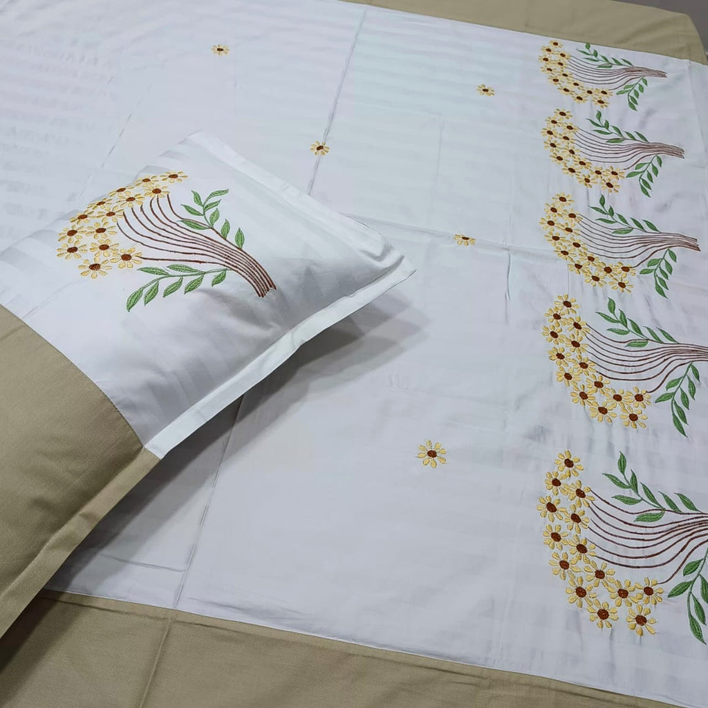 Shahi Karigari Premium Pure Cotton Designer King-Size Beige & White Floral Embroidered Bedsheet