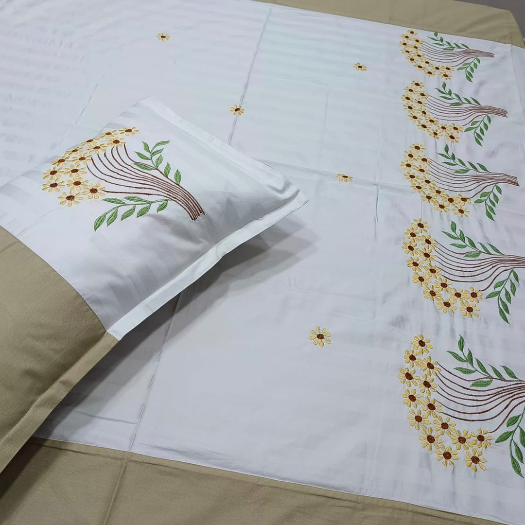 Shahi Karigari Premium Pure Cotton Designer King-Size Beige & White Floral Embroidered Bedsheet