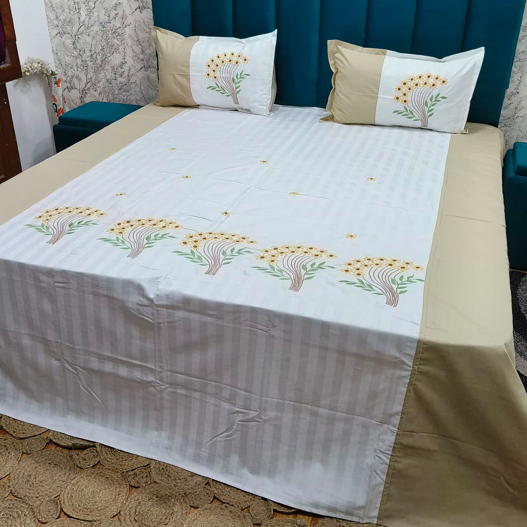 Shahi Karigari Premium Pure Cotton Designer King-Size Beige & White Floral Embroidered Bedsheet