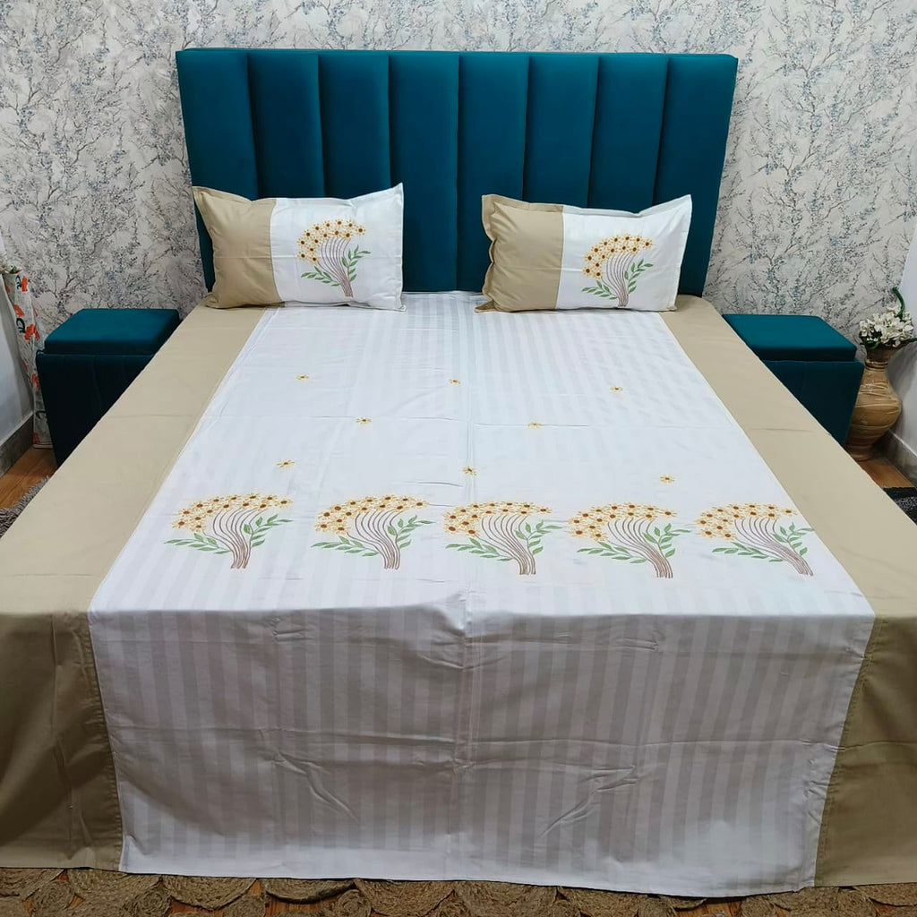 Shahi Karigari Premium Pure Cotton Designer King-Size Beige & White Floral Embroidered Bedsheet