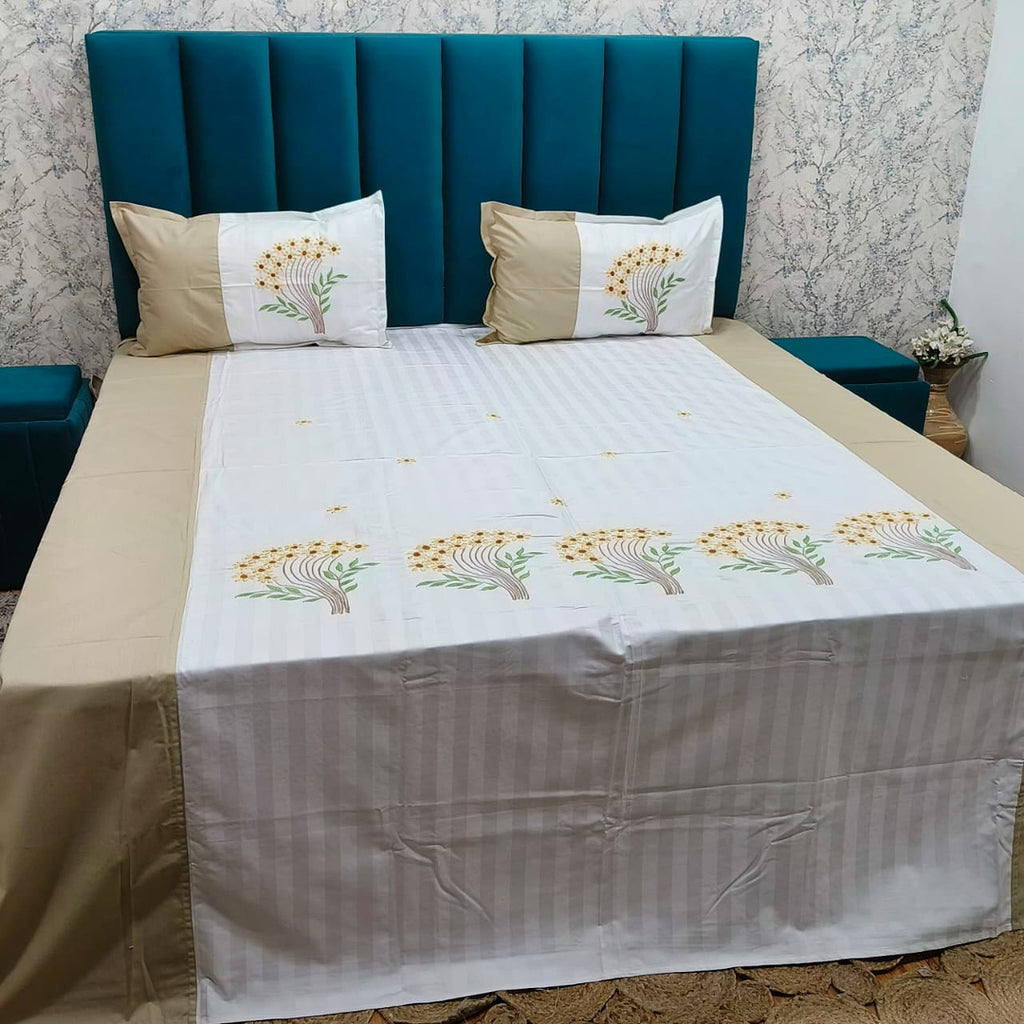 Shahi Karigari Premium Pure Cotton Designer King-Size Beige & White Floral Embroidered Bedsheet