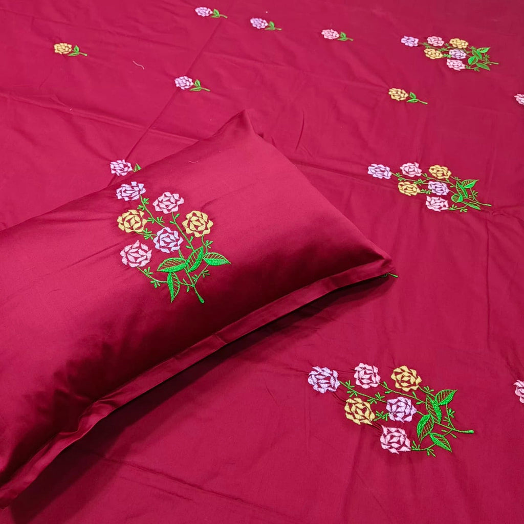 Shahi Karigari Premium Pure Cotton Designer King-Size Magenta Floral Embroidered Bedsheet