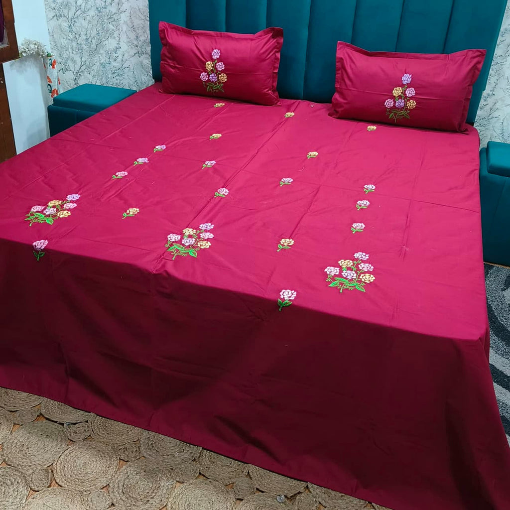 Shahi Karigari Premium Pure Cotton Designer King-Size Magenta Floral Embroidered Bedsheet