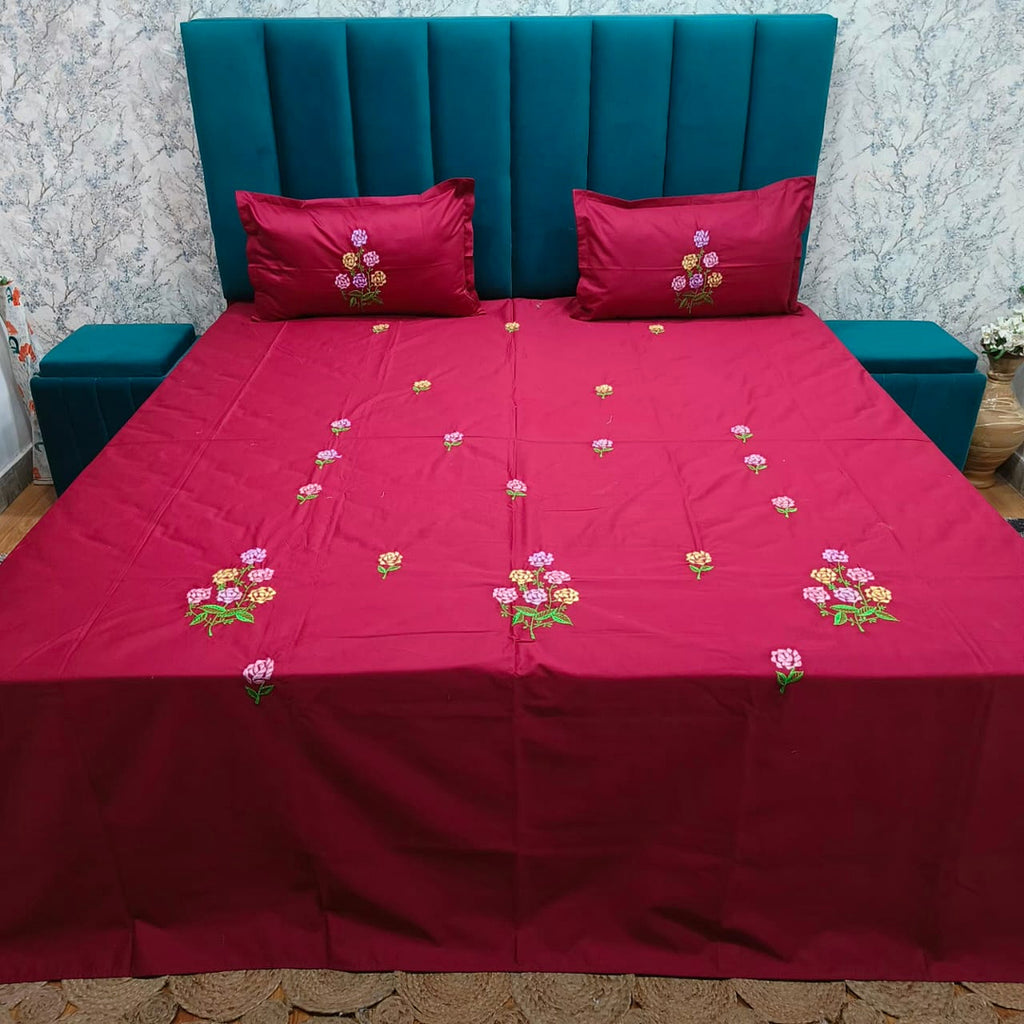 Shahi Karigari Premium Pure Cotton Designer King-Size Magenta Floral Embroidered Bedsheet