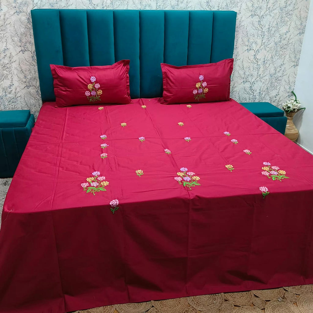 Shahi Karigari Premium Pure Cotton Designer King-Size Magenta Floral Embroidered Bedsheet