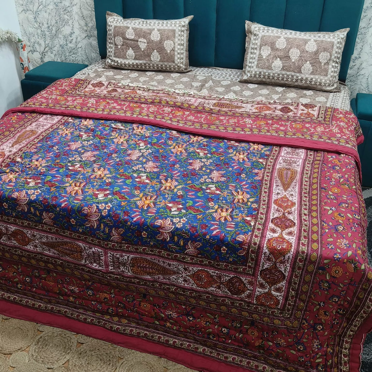 Pink Mahal Royal Floral Printed Double Bed Pure Mul Mul Cotton Quilt
