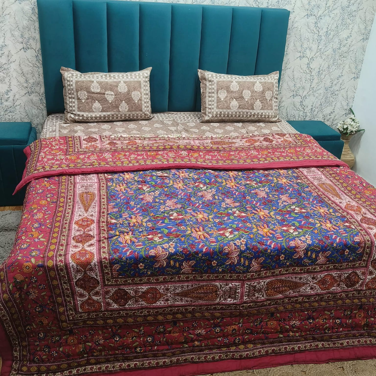 Pink Mahal Royal Floral Printed Double Bed Pure Mul Mul Cotton Quilt