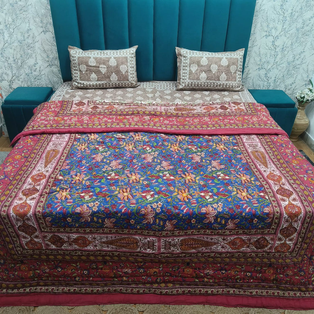 Pink Mahal Royal Floral Printed Double Bed Pure Mul Mul Cotton Quilt