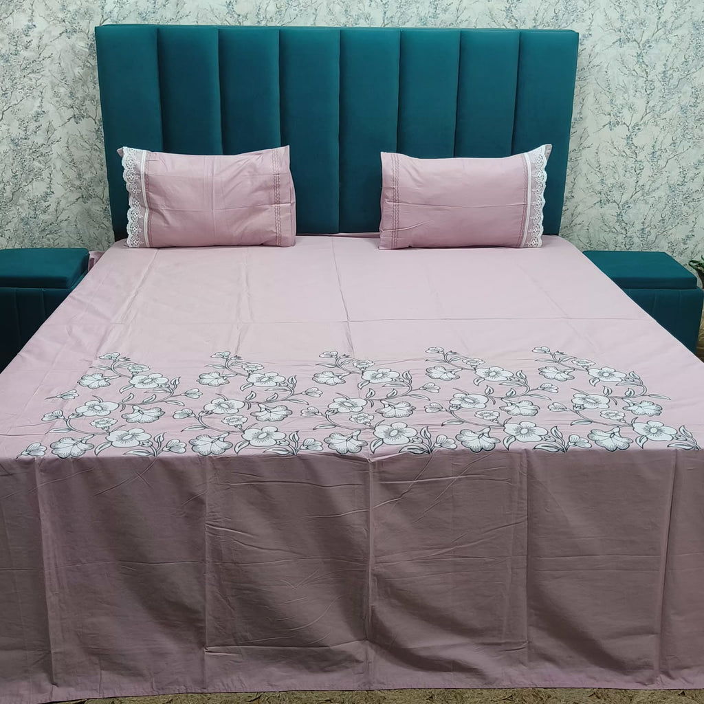Aurelia Pink Floral Garden Embroidered Premium Pure Cotton Super King-Size Bedsheet