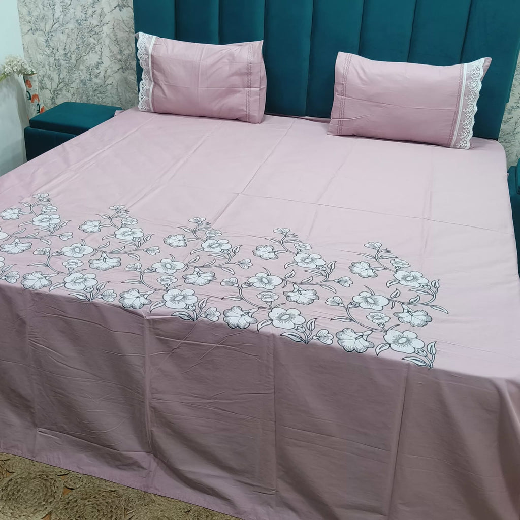 Aurelia Pink Floral Garden Embroidered Premium Pure Cotton Super King-Size Bedsheet