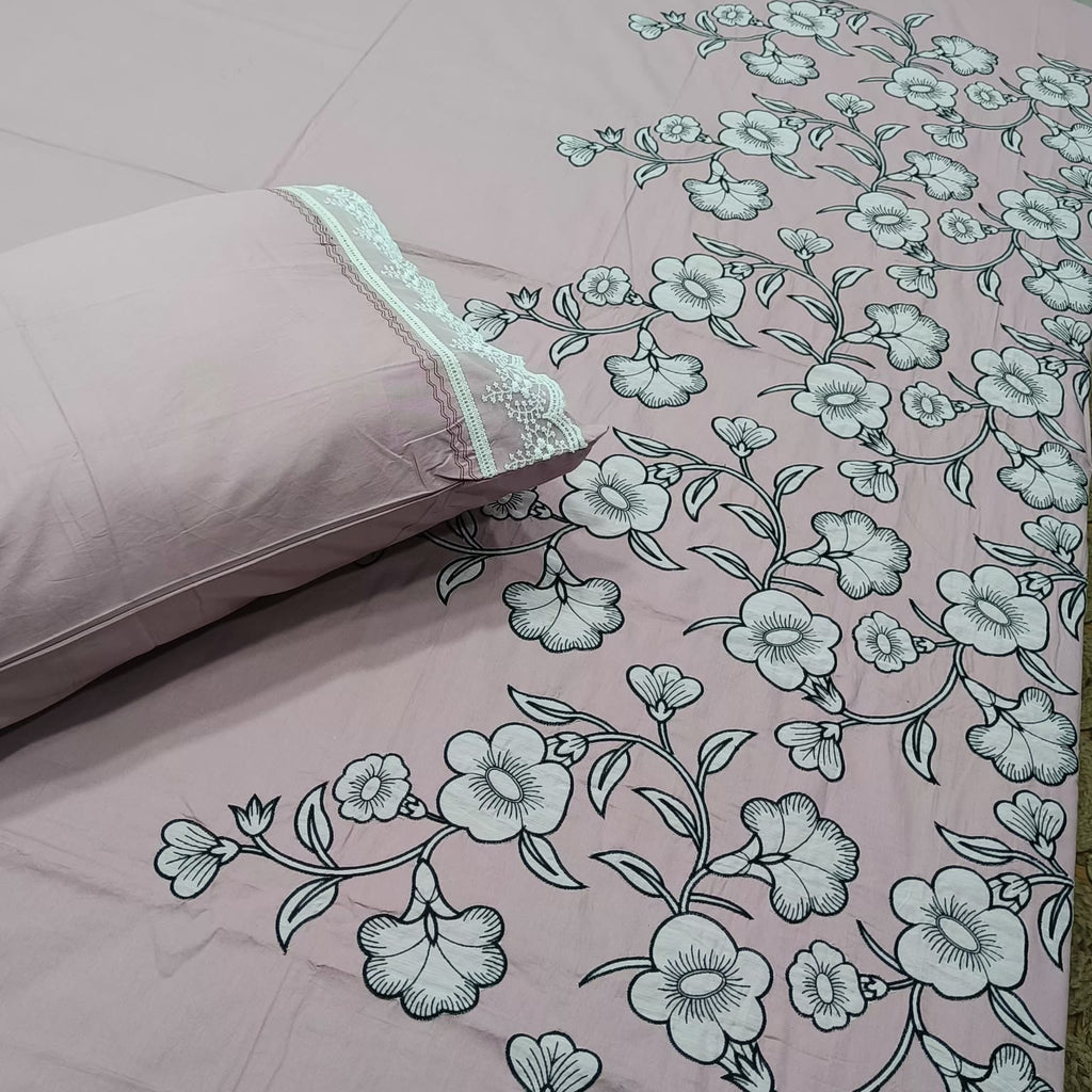 Aurelia Pink Floral Garden Embroidered Premium Pure Cotton Super King-Size Bedsheet