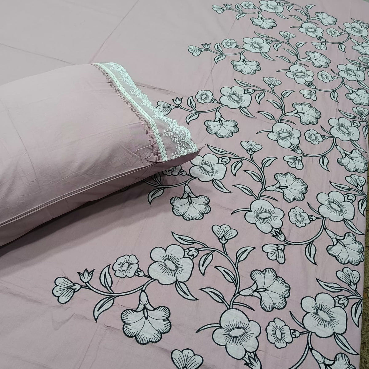 Aurelia Pink Floral Garden Embroidered Premium Pure Cotton Super King-Size Bedsheet