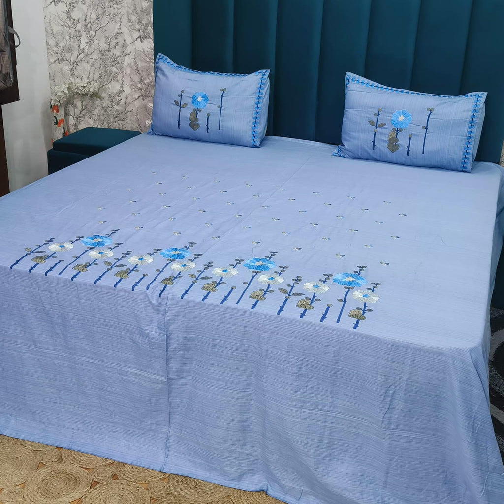 Roselyn Sky Blue Floral Embroidered Pure Cotton King-Size Bedsheet