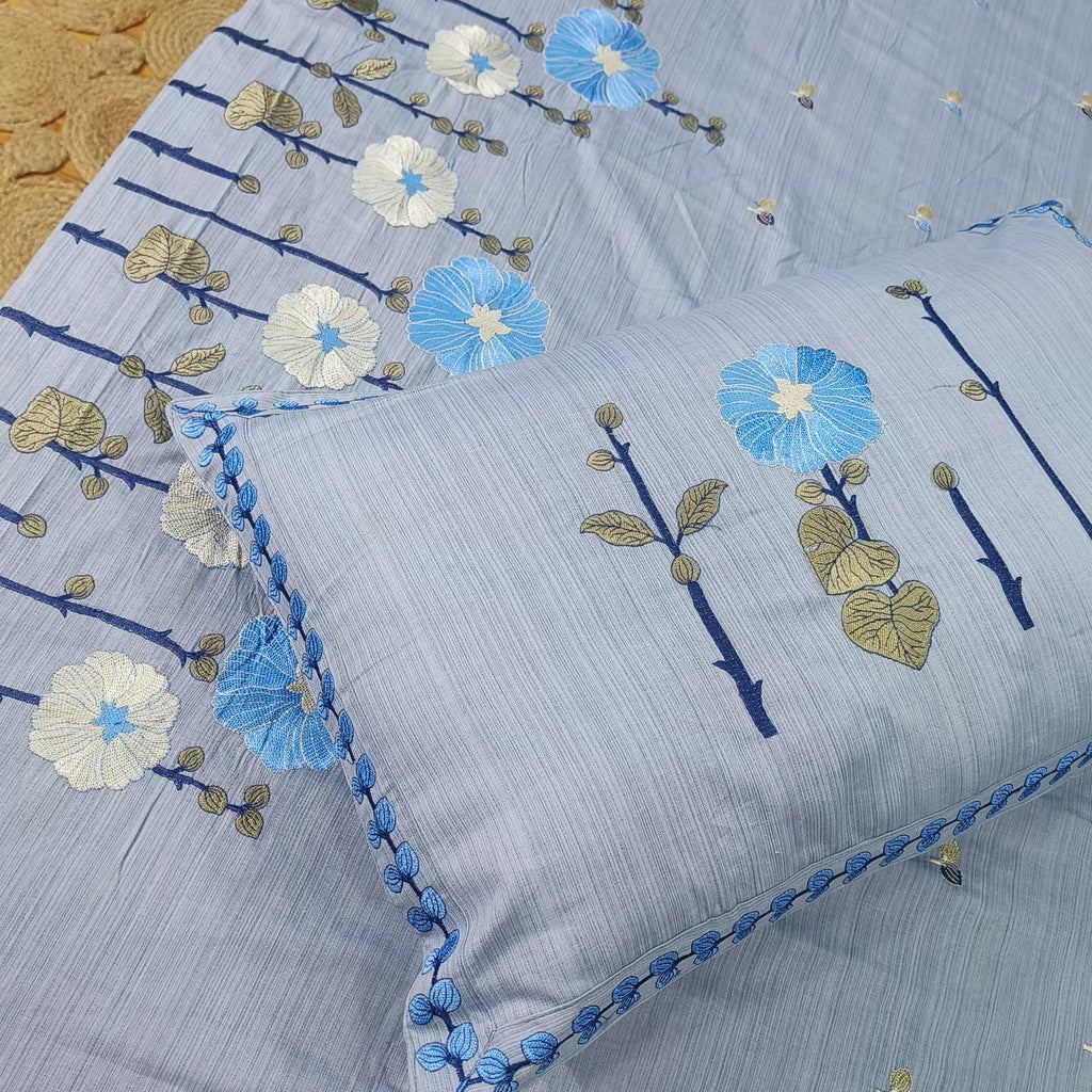 Roselyn Sky Blue Floral Embroidered Pure Cotton King-Size Bedsheet