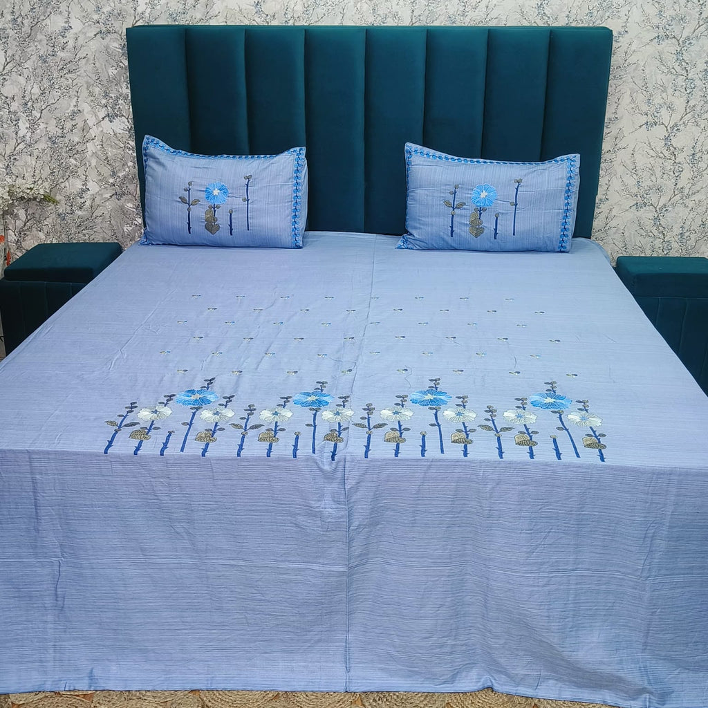 Roselyn Sky Blue Floral Embroidered Pure Cotton King-Size Bedsheet