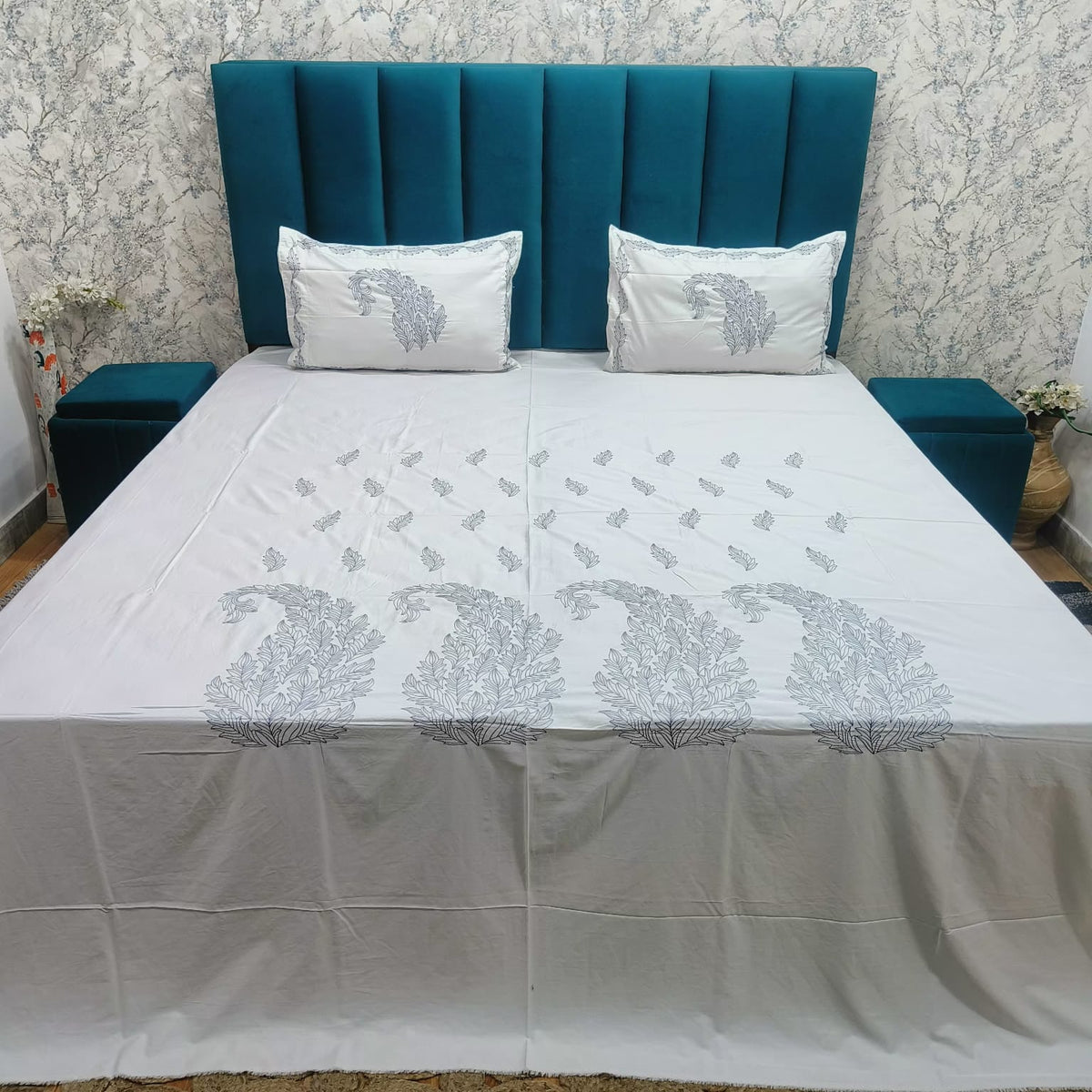 Roselyn White Floral Embroidered Pure Cotton King-Size Bedsheet