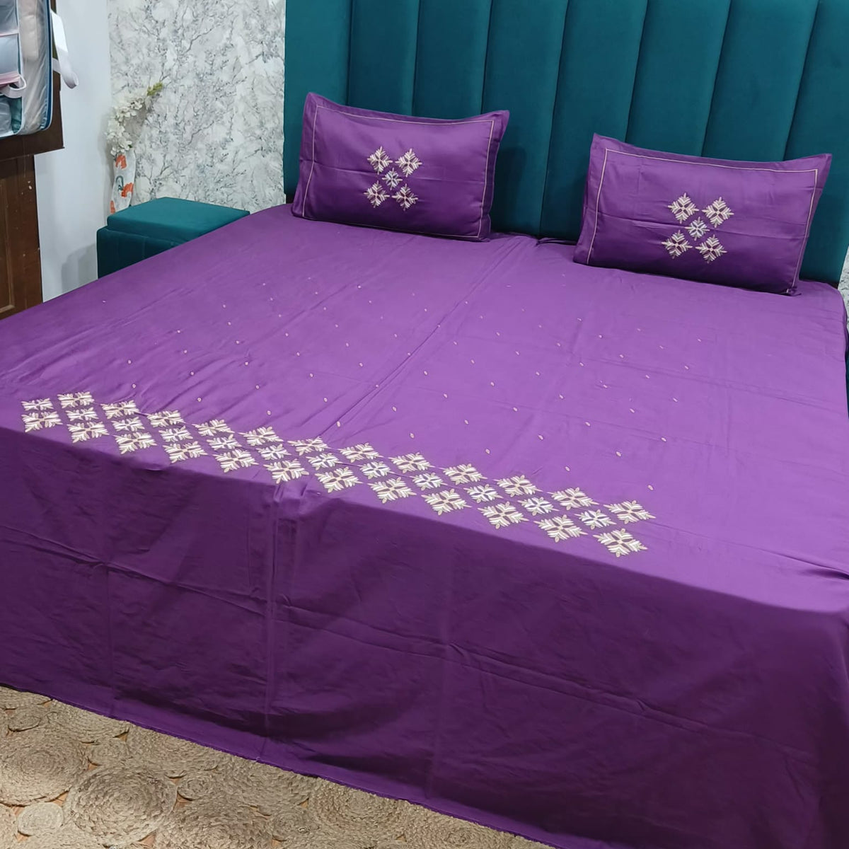 Roselyn Purple Floral Embroidered Pure Cotton King-Size Bedsheet