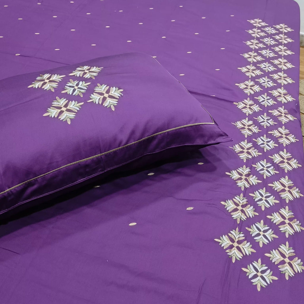 Roselyn Purple Floral Embroidered Pure Cotton King-Size Bedsheet