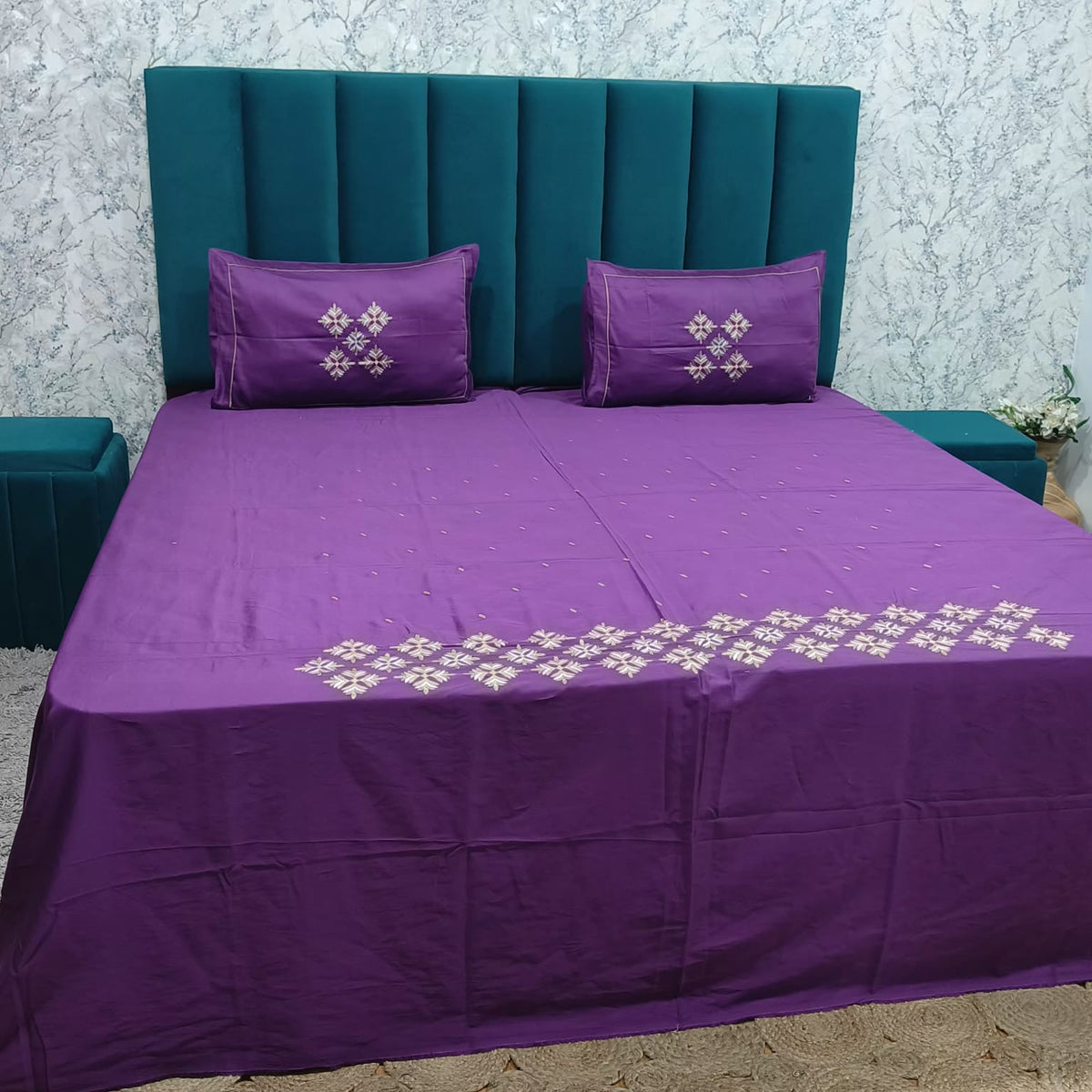 Roselyn Purple Floral Embroidered Pure Cotton King-Size Bedsheet