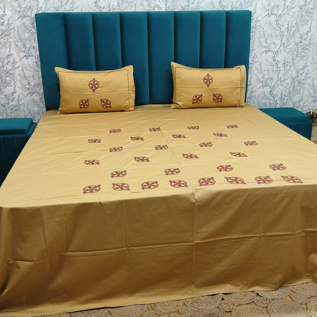 Roselyn Mustard Yellow Floral Embroidered Pure Cotton King-Size Bedsheet