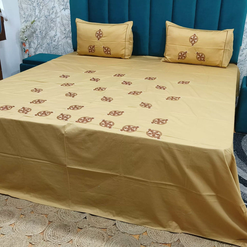 Roselyn Mustard Yellow Floral Embroidered Pure Cotton King-Size Bedsheet