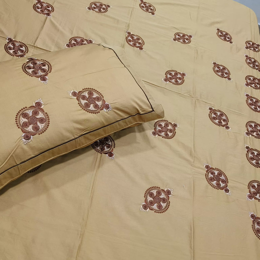 Roselyn Mustard Yellow Floral Embroidered Pure Cotton King-Size Bedsheet