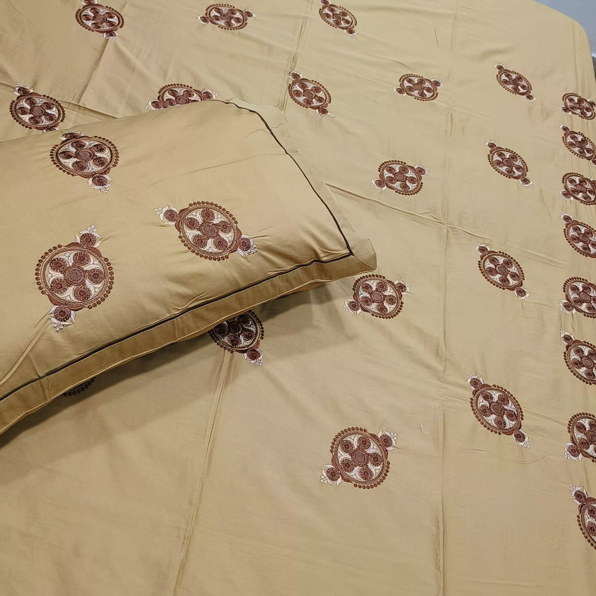 Roselyn Mustard Yellow Floral Embroidered Pure Cotton King-Size Bedsheet