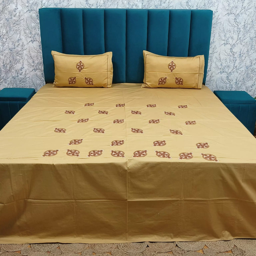 Roselyn Mustard Yellow Floral Embroidered Pure Cotton King-Size Bedsheet