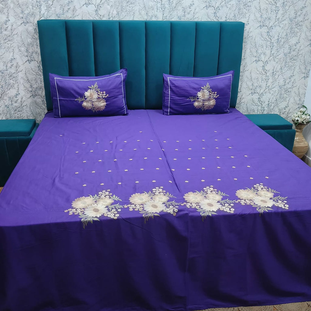 Roselyn Royal Purple Floral Embroidered Pure Cotton King-Size Bedsheet