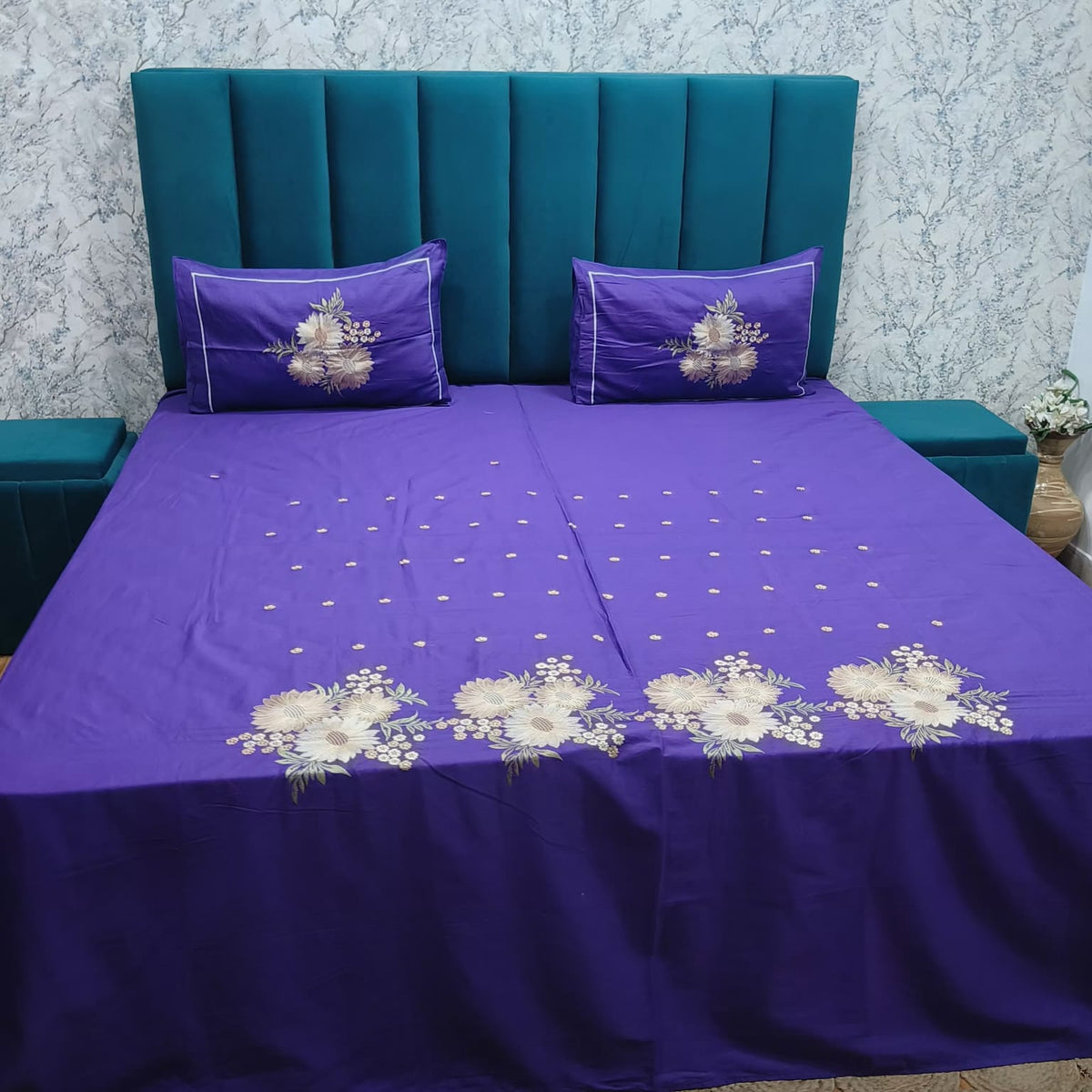 Roselyn Royal Purple Floral Embroidered Pure Cotton King-Size Bedsheet