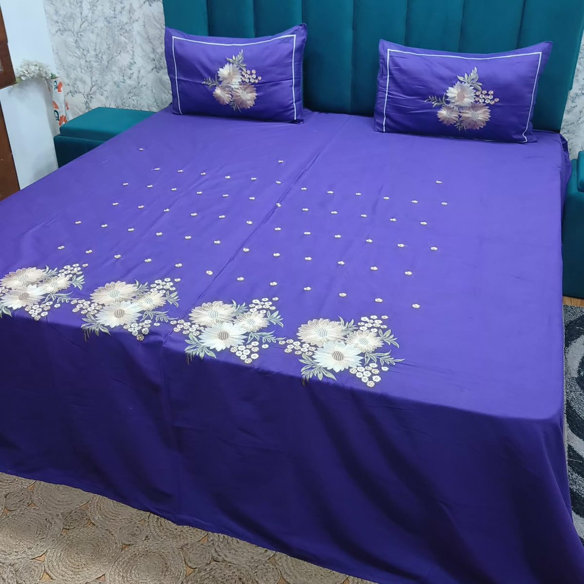Roselyn Royal Purple Floral Embroidered Pure Cotton King-Size Bedsheet