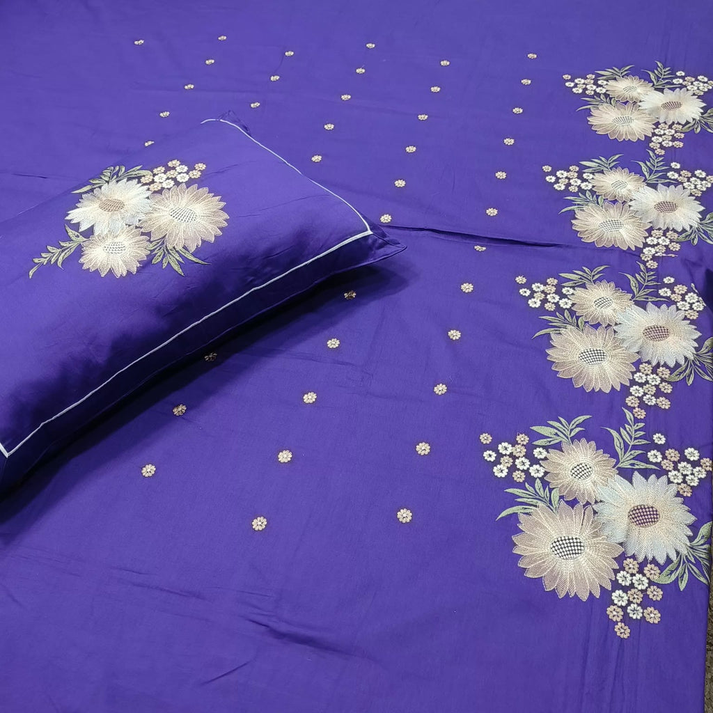 Roselyn Royal Purple Floral Embroidered Pure Cotton King-Size Bedsheet
