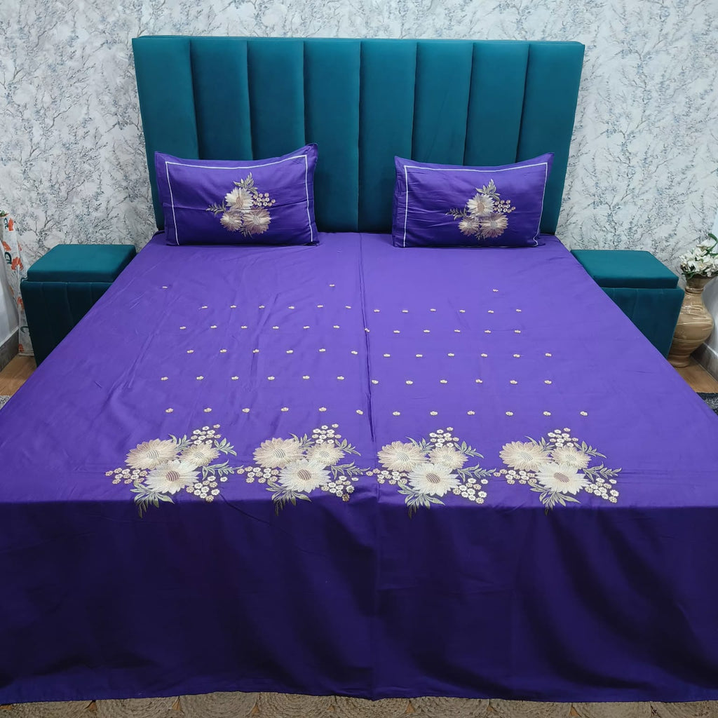 Roselyn Royal Purple Floral Embroidered Pure Cotton King-Size Bedsheet