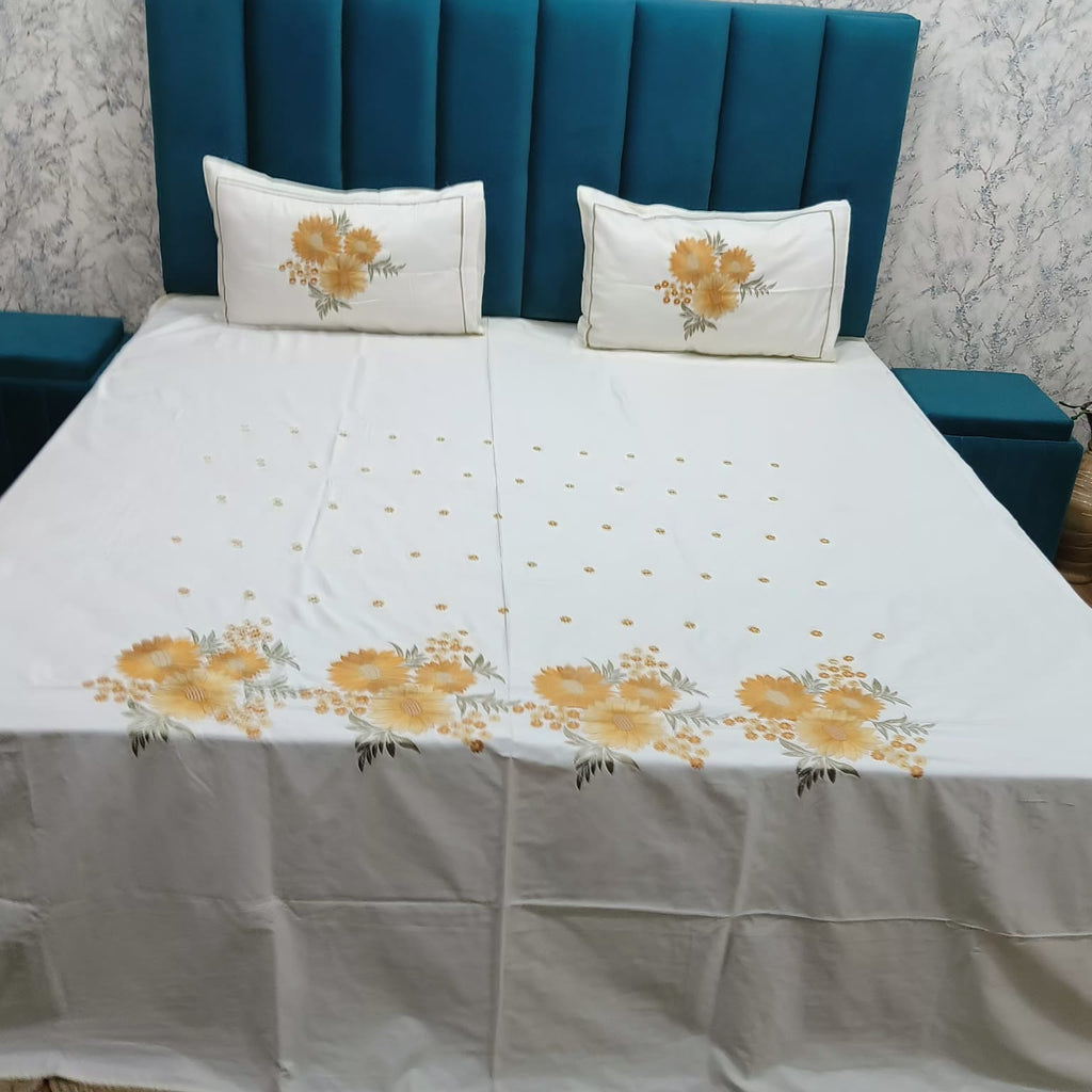 Roselyn White & Mustard Floral Embroidered Pure Cotton King-Size Bedsheet