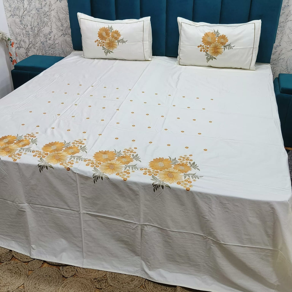 Roselyn White & Mustard Floral Embroidered Pure Cotton King-Size Bedsheet