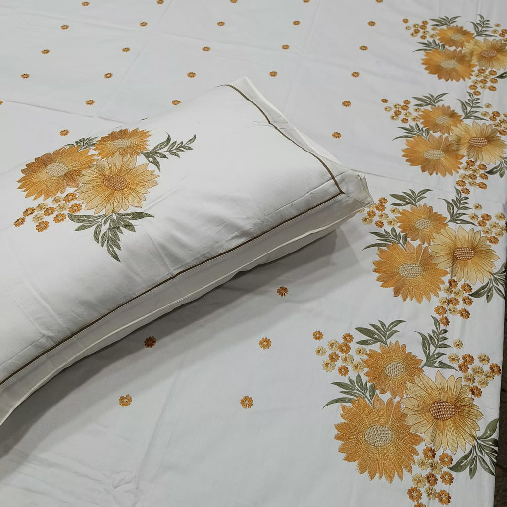Roselyn White & Mustard Floral Embroidered Pure Cotton King-Size Bedsheet