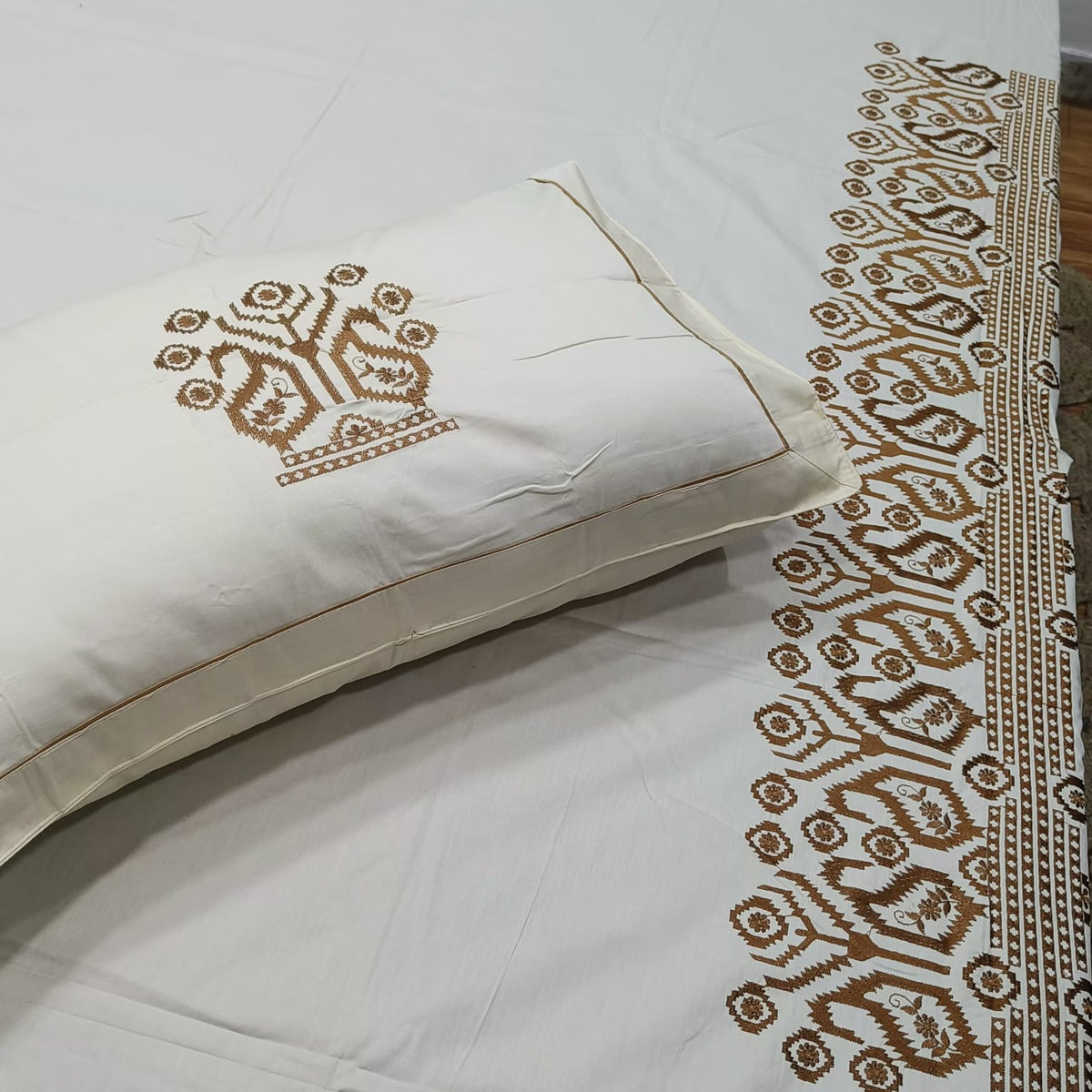 Roselyn Ivory & Golden Floral Embroidered Pure Cotton King-Size Bedsheet