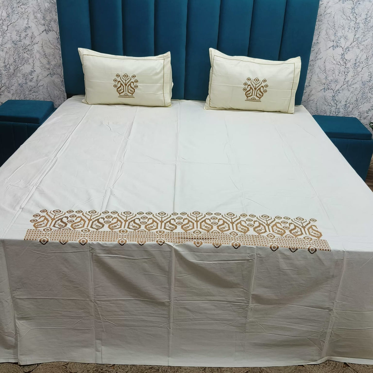 Roselyn Ivory & Golden Floral Embroidered Pure Cotton King-Size Bedsheet