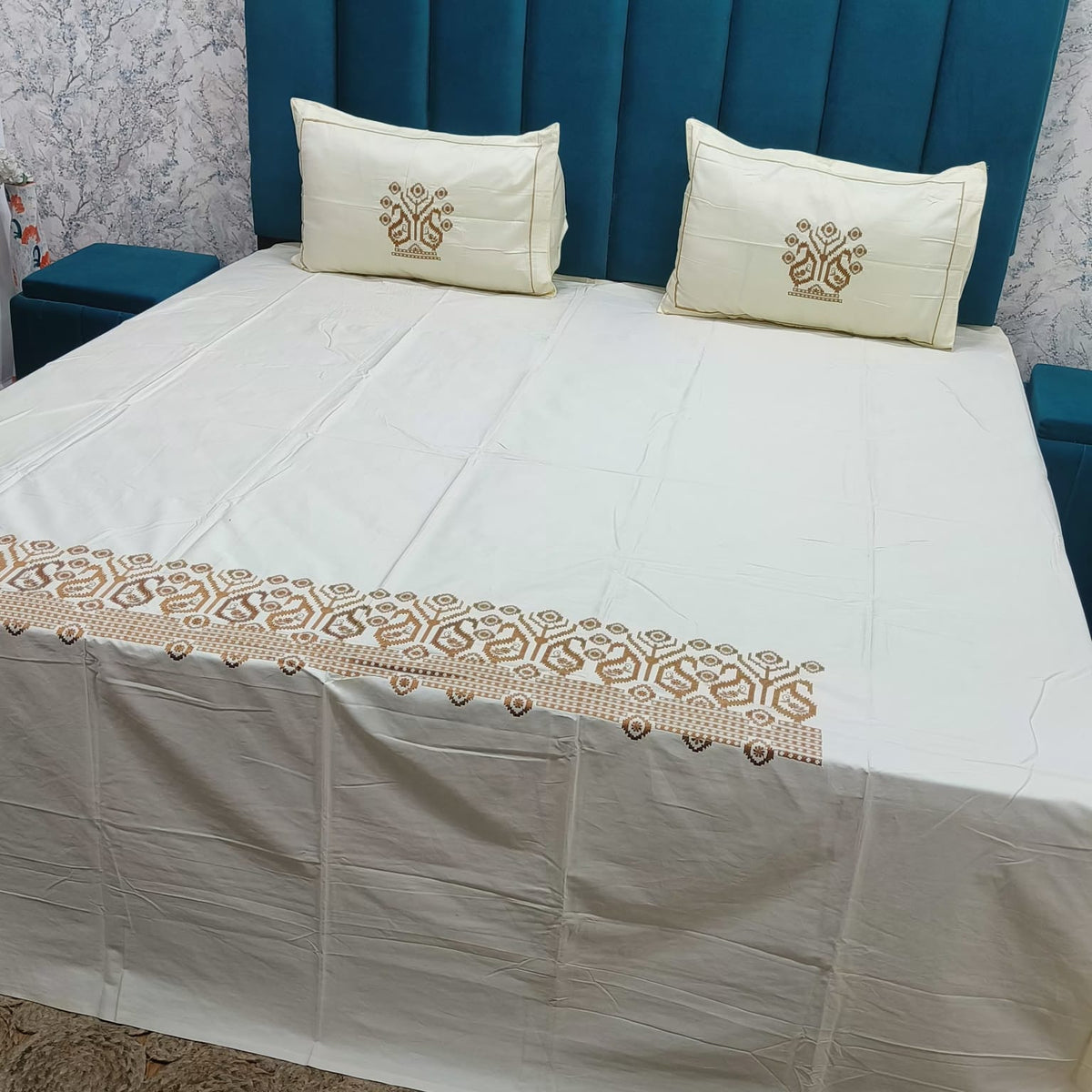 Roselyn Ivory & Golden Floral Embroidered Pure Cotton King-Size Bedsheet