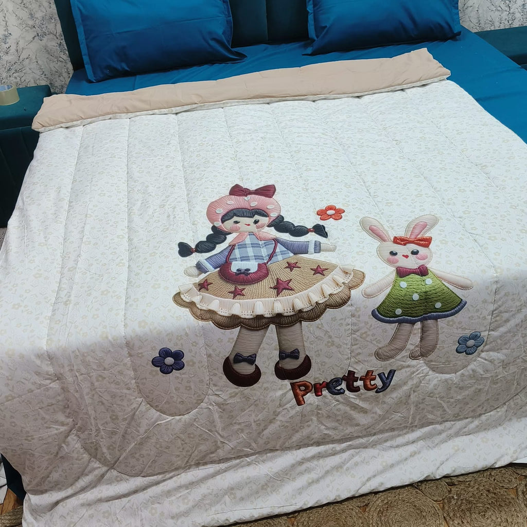 Giigle Kids Pretty Doll & Bunny Printed Imported Cotton Comforter
