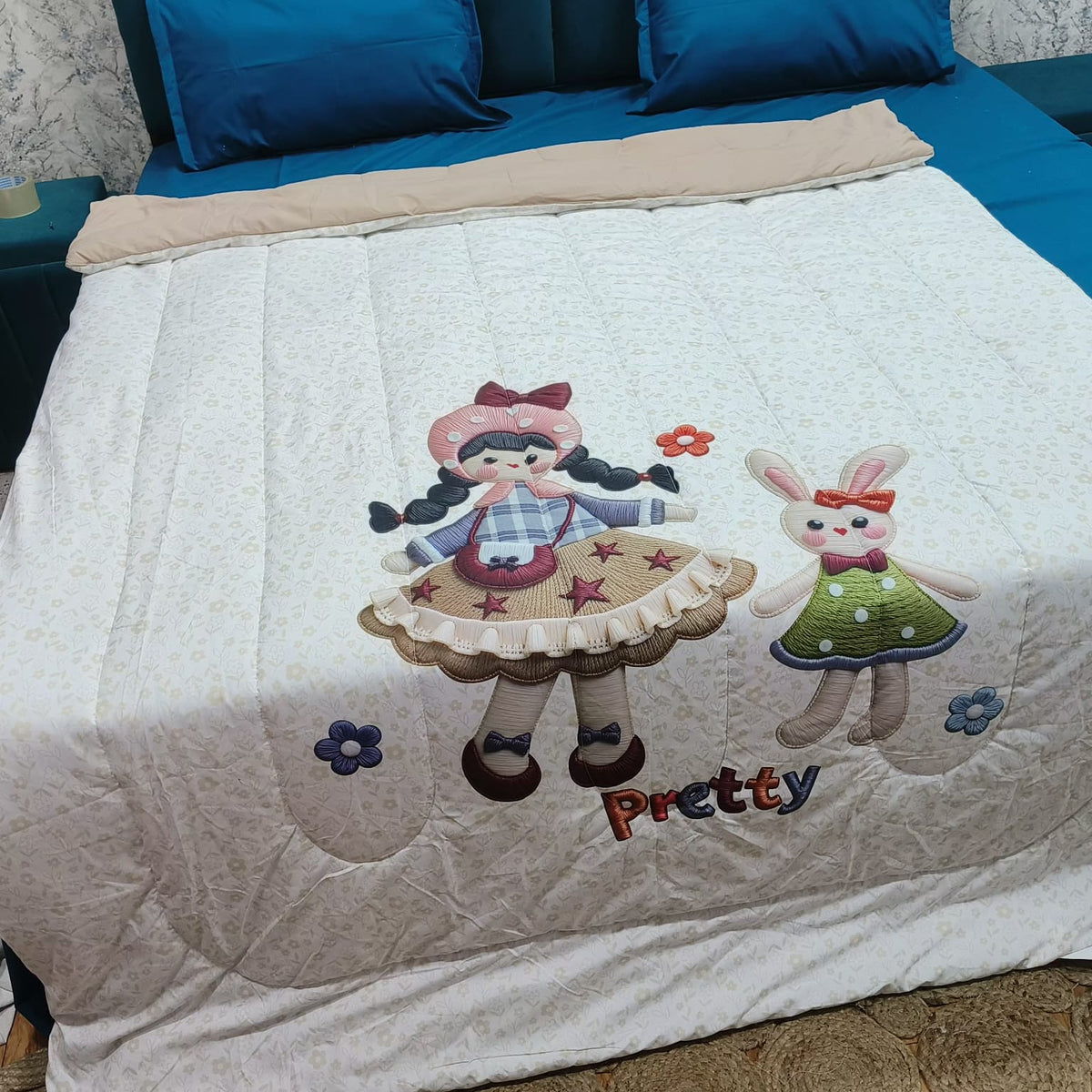 Giigle Kids Pretty Doll & Bunny Printed Imported Cotton Comforter