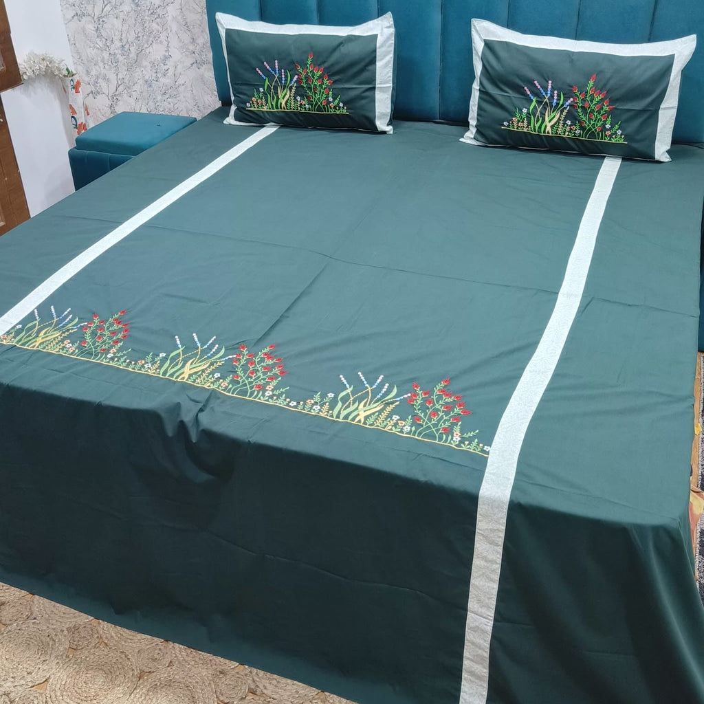 Roselyn Teal Blue & Multicolor Floral Embroidered Pure Cotton King-Size Bedsheet