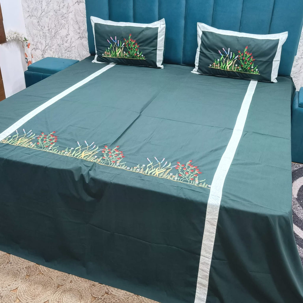 Roselyn Teal Blue & Multicolor Floral Embroidered Pure Cotton King-Size Bedsheet