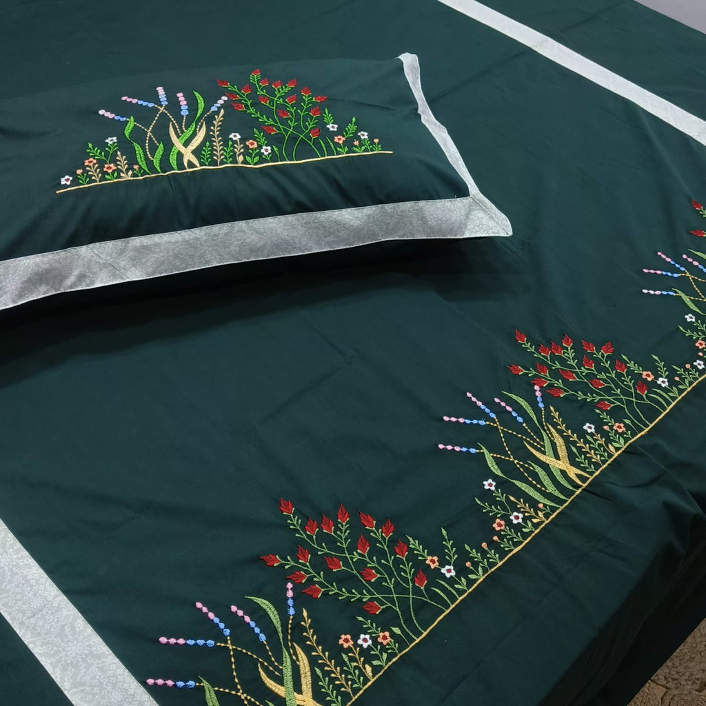 Roselyn Teal Blue & Multicolor Floral Embroidered Pure Cotton King-Size Bedsheet