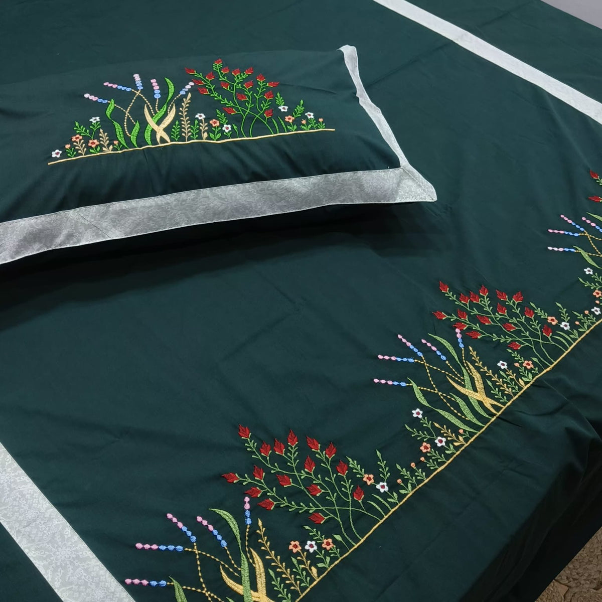 Roselyn Teal Blue & Multicolor Floral Embroidered Pure Cotton King-Size Bedsheet