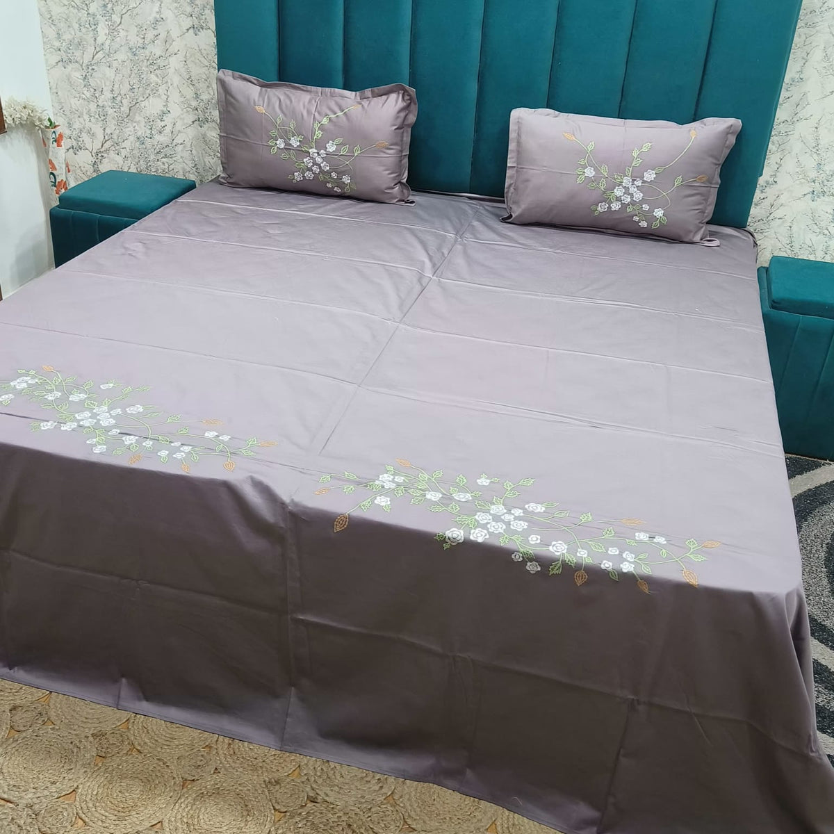 Roselyn Lavender Grey & Multicolor Floral Embroidered Pure Cotton King-Size Bedsheet